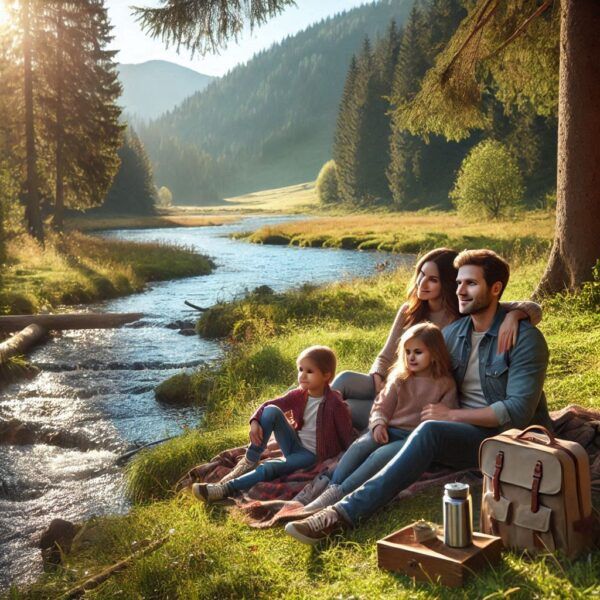 family by stream mountains